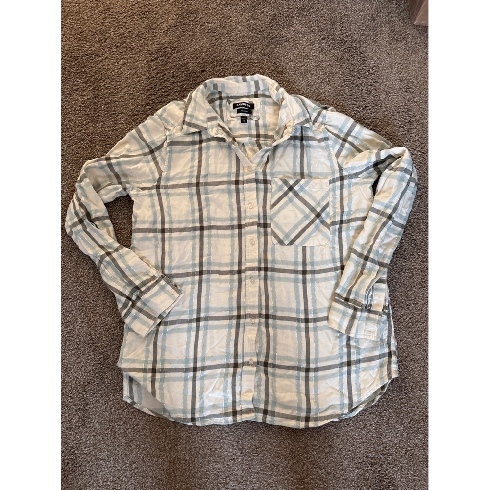 Express Plaid Button Down Medium White Blue Silver Excellent Boyfriend Shirt